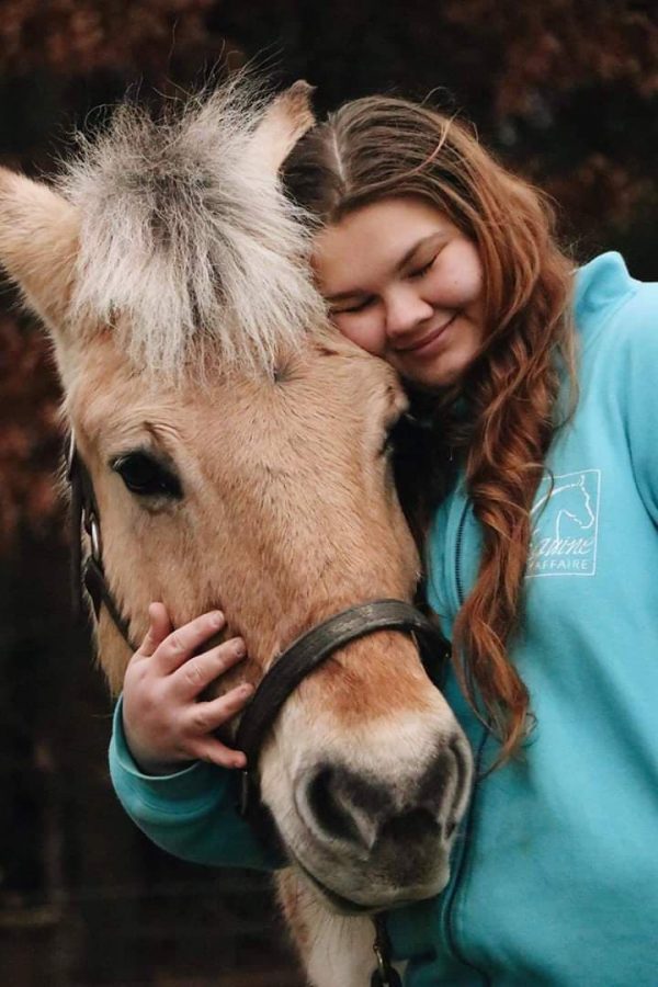 A close up of a young woman cradling a Fjord's horse's head and smiling