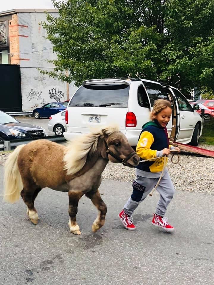 A boy running on the road alongside a small pony with a long white mane in the off-site minis program at High & Mighty
